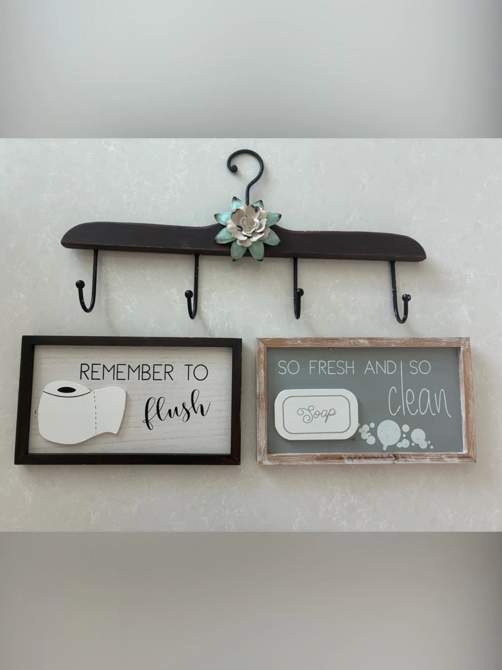 Kirklands Brown Wall Hook Rack with Mint Floral Accent